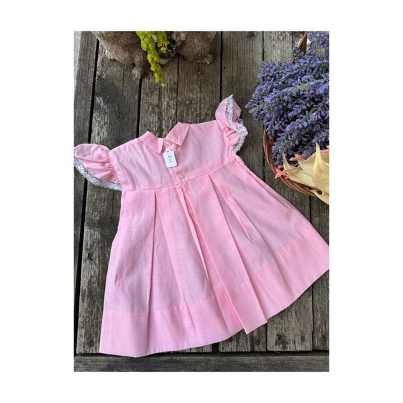 50s Baby Pink Fit & Flare Dress White Eyelet Lace Cap Flutter Sleeve Long Point - Picture 3 of 7